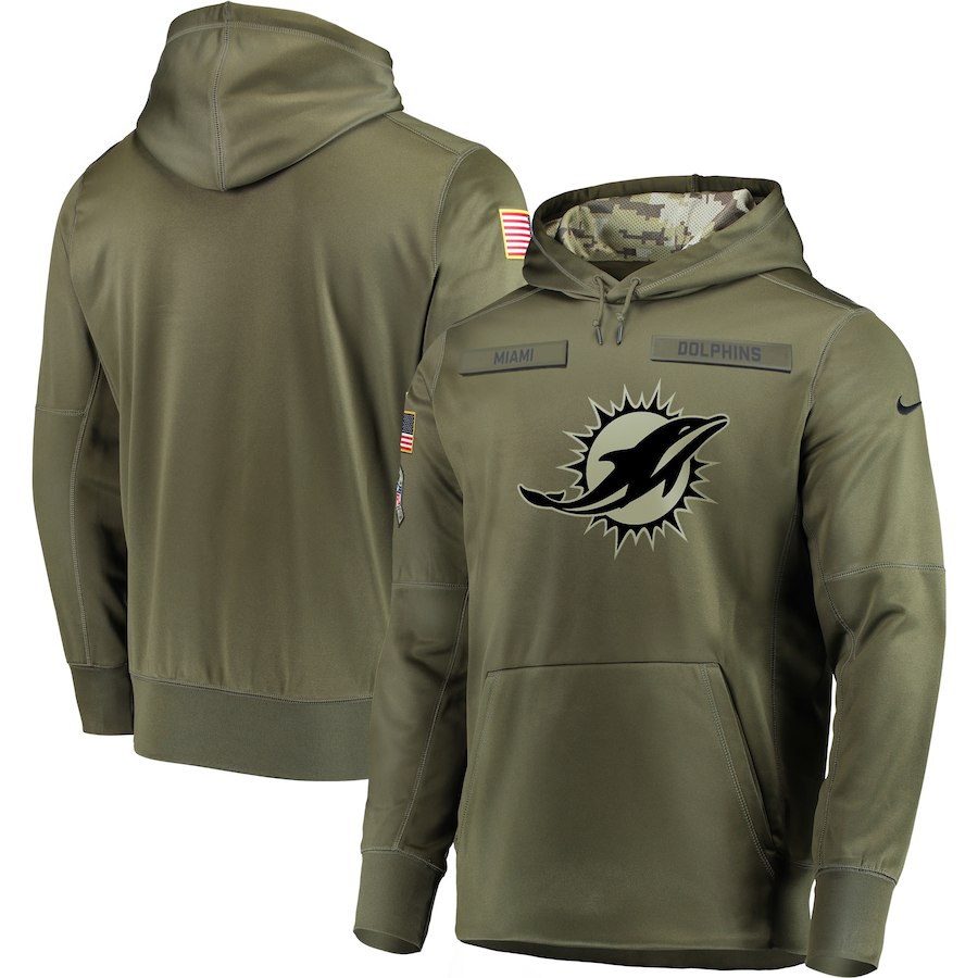 Men's Miami Dolphins 2018 Olive Salute to Service Sideline Therma Performance Pullover Stitched Hoodie
